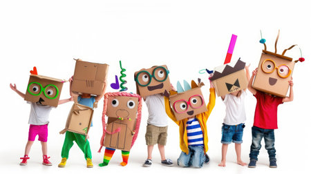 Adorable cartoon kids in glasses and handmade cardboard outfits playing imaginative gamesの素材