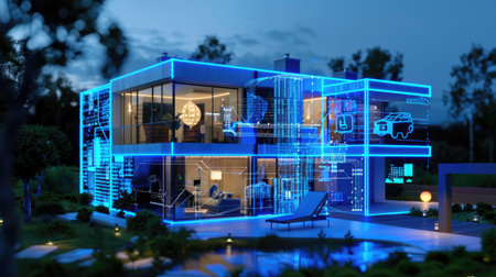 3D architectural rendering of modern home, glowing interface lines show smart tech integrationの素材