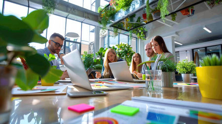 Business professionals reviewing online project data on laptop, mid-conversation in modern officeの素材
