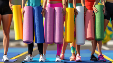 Group of diverse athletic women holding yoga mats, legs in sportswear visible in outdoor settingの素材