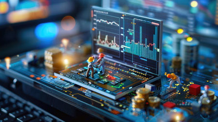 Miniature team reviewing analytics and trading data on giant digital monitorsの素材