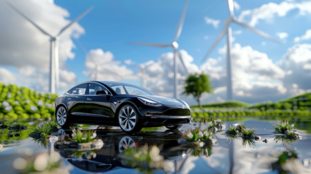 Modern black electric vehicle on shiny surface, wind turbines spin in clean energy landscape backgroundの素材