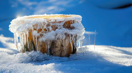 Abandoned stump covered in heavy layers of ice, creating stark contrast with surrounding snowの素材