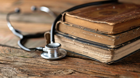 Stack of antique medical books with classic stethoscope placed on aged wooden surfaceの素材