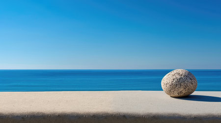 Calm blue gradient fades into horizon, single smooth stone rests on pale sandy surfaceの素材