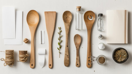 Rustic kitchen and writing tools--wood spoons, glass bottles, and paper goods--on soft ivory surfaceの素材