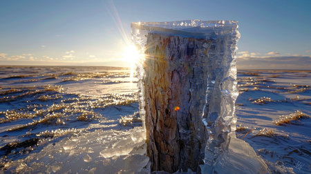Frozen tree stump encased in thick glossy ice in cold barren landscape, shimmering in pale lightの素材