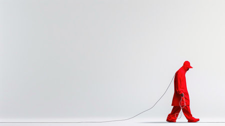 Performer dressed in red outfit walking a fine rope on plain white backgroundの素材