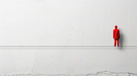 Minimal concept: figure in red balancing on tightrope against stark white spaceの素材