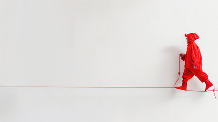 Performer dressed in red outfit walking a fine rope on plain white backgroundの素材