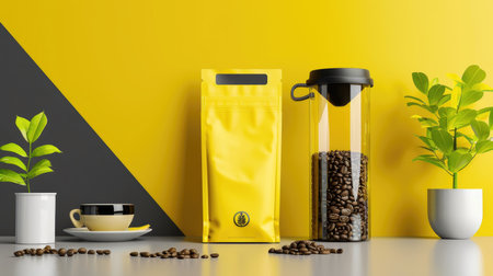 Minimalist coffee packaging mockup with yellow kraft pouches and fresh beansの素材