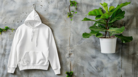 Minimalist white hoodie mockup styled on industrial wall with green potted plant nearbyの素材