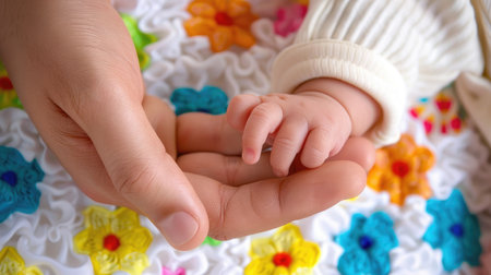 Baby fingers curl around parent hand, intimate moment of trust and love captured close-upの素材