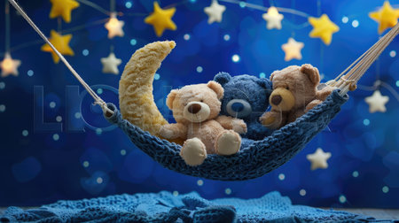 Trio of teddy bears napping peacefully in moon-shaped hammock surrounded by stars and dreamy skyの素材