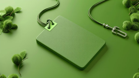 Minimal green ID tag with coiled cord ready for customization on studio surfaceの素材