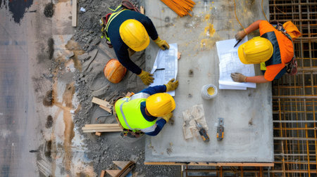 Construction workers in safety gear studying blueprints at active site, teamwork in progressの素材