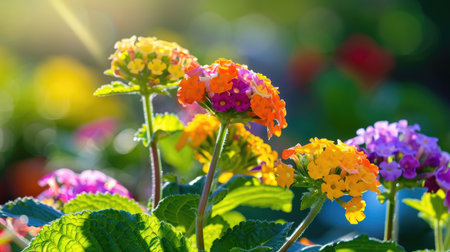 Radiant lantana flowers captured in golden light, showcasing vivid clustered petalsの素材