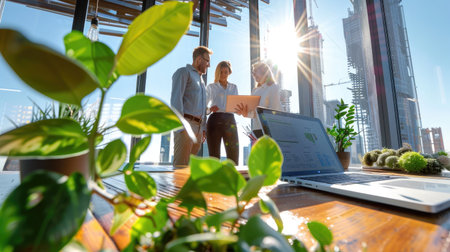 Confident executive man and woman discuss ideas while standing near laptop in sunlit modern officeの素材