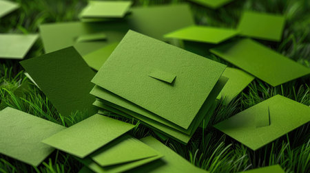 Vibrant green business cards neatly piled, mockup ready for company logoの素材