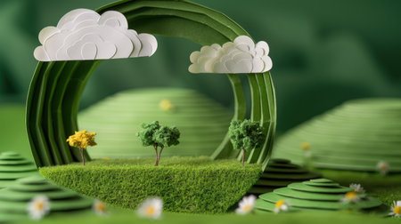 Circular paper-crafted landscape with trees, hills, and clouds, eco-conscious art conceptの素材