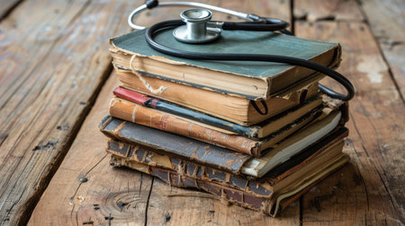 Stack of antique medical books with classic stethoscope placed on aged wooden surfaceの素材
