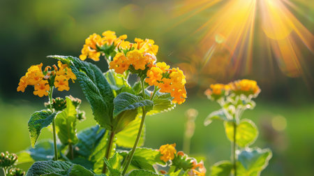 Radiant lantana flowers captured in golden light, showcasing vivid clustered petalsの素材
