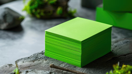 Clean lime green business card stack on neutral surface, waiting for brand designの素材