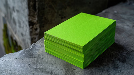 Clean lime green business card stack on neutral surface, waiting for brand designの素材