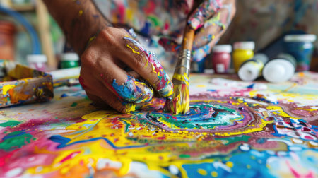 Close-up of hands learning marbling technique, vibrant inks and paper crafting tools visibleの素材