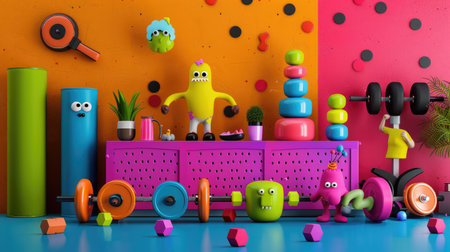 Playful fitness room with colorful dumbbells and cartoon figures exercising, health and wellness themeの素材