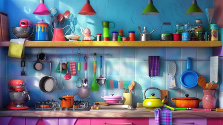 Colorful cartoon-style kitchen scene with pots, pans, and utensils neatly placed on shelves and stoveの素材