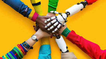 Diverse group forming a hand stack with a robotic hand, representing AI-human cooperation and autonomous teamworkの素材