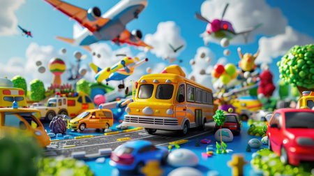 Playful 3D transportation scene with planes, buses, and cars in stylized cartoon worldの素材