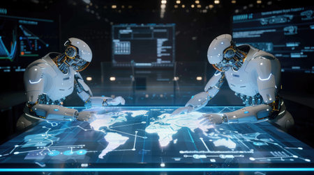 AGI-powered robot assistant standing beside user at holographic desk, symbolizing superintelligenceの素材