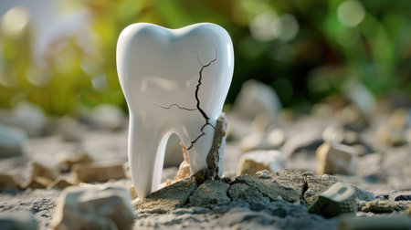Detailed 3D render of a cracked tooth showing damage and enamel fracture, dental health conceptの素材
