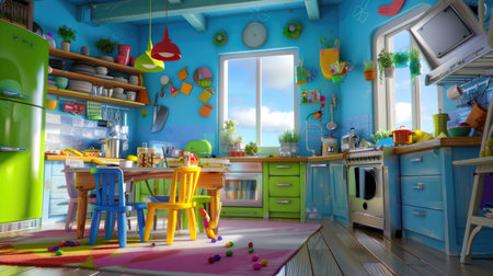 3D kitchen scene in cartoon style with a dining table and chairs, cheerful and family-friendly settingの素材