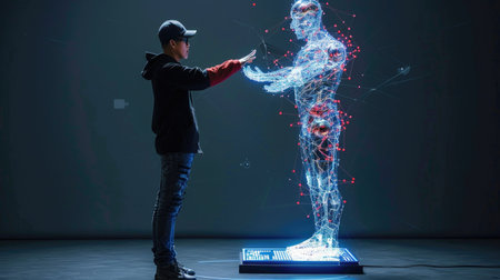 3D holographic humanoid AI sharing data with human partner, futuristic scene of intelligence transfer and autonomyの素材