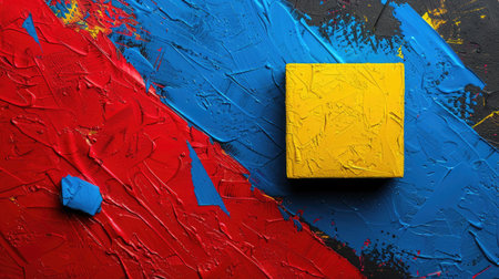 Abstract dark backdrop with bold red-blue-yellow grainy lighting effect, trendy poster or cover designの素材