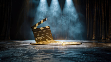 3D rendering of golden clapperboard on spotlight stage, symbol of film direction and editingの素材