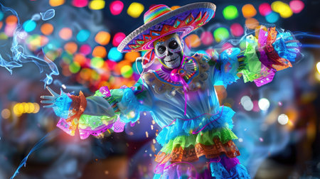 Cultural Mexican folkloric dancer performing at night in glowing costume and sombrero, Day of the Dead tributeの素材