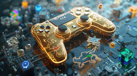 Golden gamepad surrounded by holographic icons representing immersive recreation, 3D renderedの素材
