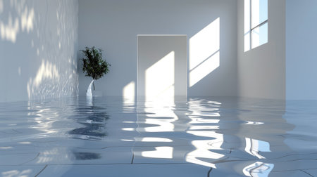 3D rendering of flooded modern room with clean walls and reflective water surface, calm and abstract spaceの素材