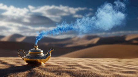 Ancient magic lamp emitting bright blue smoke into cool desert airの素材