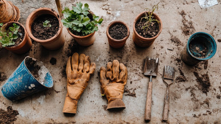 Flowerpots, gloves, and trowel ready for gardening on a sunny dayの素材