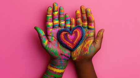 Hands of woman and child together holding heart on vibrant pink backgroundの素材