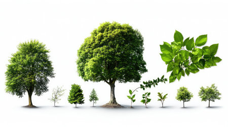 Diagram showing tree growth stages from sapling to large mature tree, green leaves, on white backgroundの素材