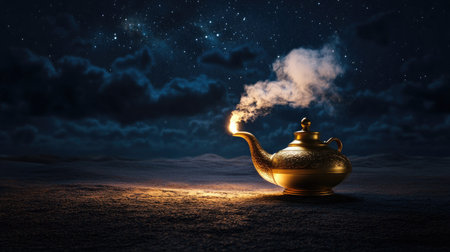 Brass genie lamp with smoke billowing under dark desert starscapeの素材