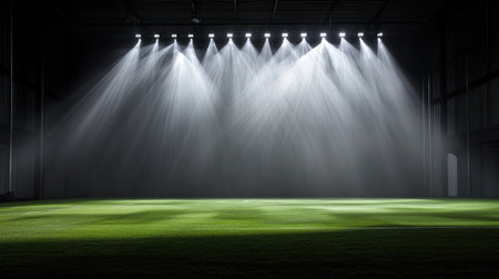 Intense lighting over sports field, beams radiating dramatically into foggy nightの素材