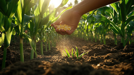 Fingers gently pressing corn seed into fertile sunlit garden soilの素材