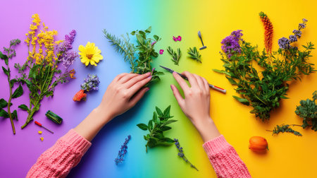 Feminine hands working with plants and tools on colorful minimalist backdropの素材